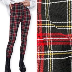 Zara Tartan Plaid Skinny Pants M Ankle Zipper Stretch Medium Black Red‎ White